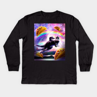 Laser Space Cat On Rainbow Dinosaur Unicorn - Taco Kids Long Sleeve T-Shirt